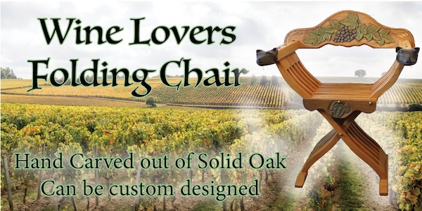 Wine Lovers folding chair, hand carved and can be custom designed for you. 